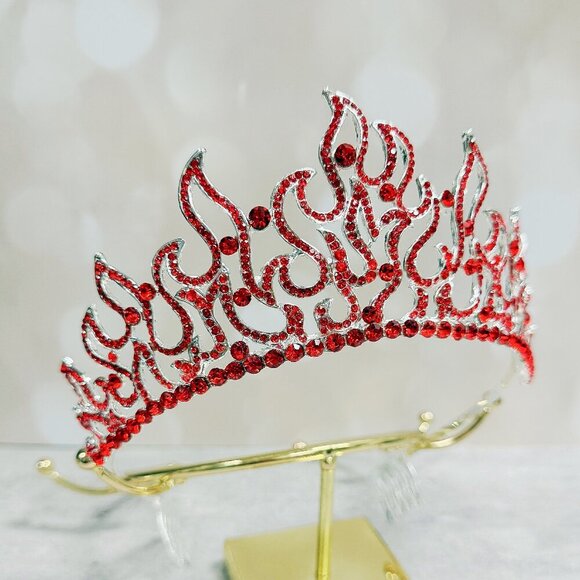 Flame of Fire Crown, Holy Fire Tiara, Red Crystal Crown, Silver Crown Tiara
